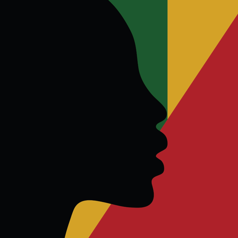 Juneteenth illustration featuring a face in black over a red, yellow and green backdrop.