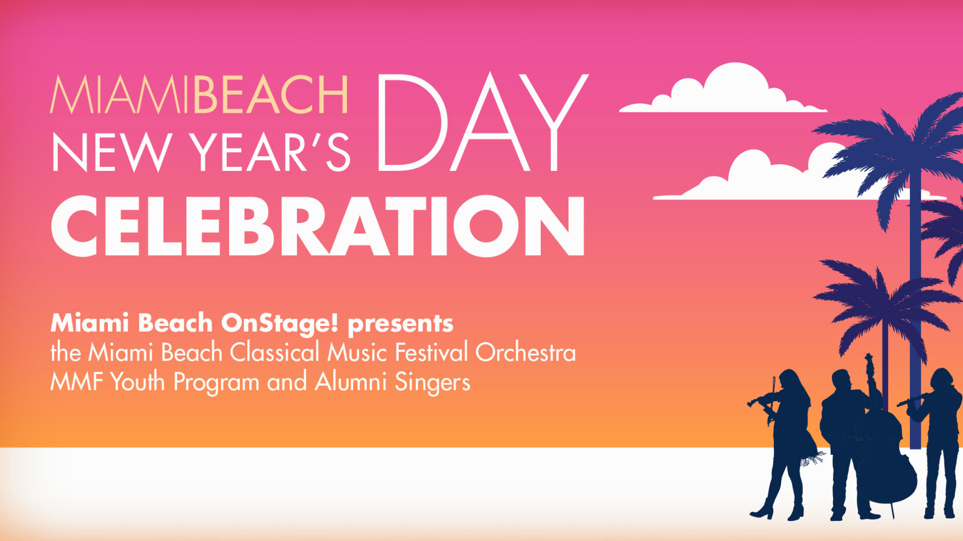 Illustration with pink and orange sky in the background and the silhouette of palm trees and an orchestra accompanied by the text "Miami Beach New Year's Day Celebration" and description Thursday, January 1, 2025 6 PM – 7:30 PM Lummus Park | Ocean Drive Promenade – 12 Street.