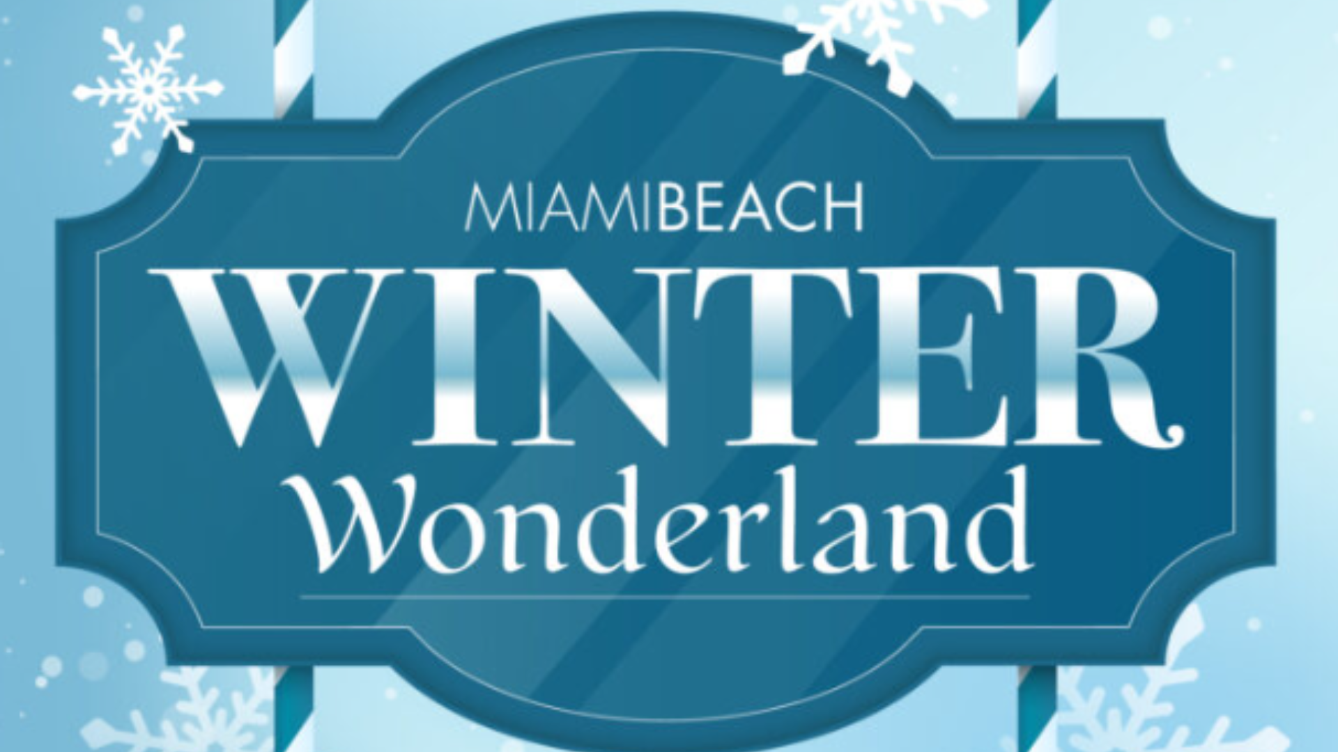 Illustration of a frosty blue background with snowflakes and a sign reading "Miami Beach Winter Wonderland"