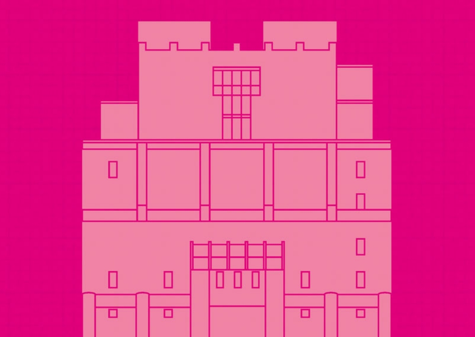 pink and light pink render of the wolf, drawn in art deco style